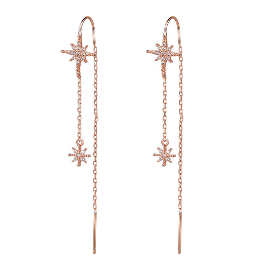 Lusofie Threader Earrings for Women, Rose Gold Star Dangle Earrings with Long Chain Tassel for Wedding Prom