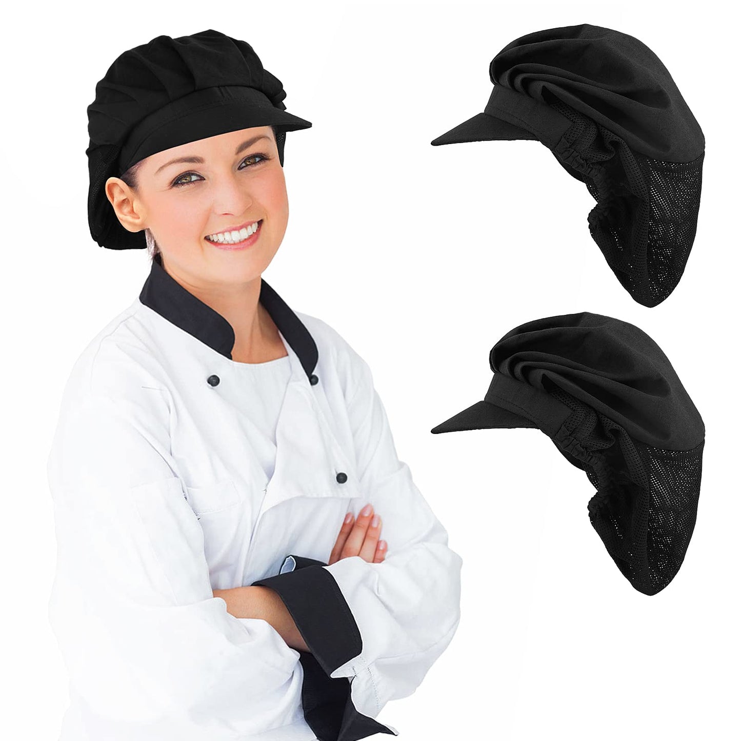 Yolev Chef Hats-Kitchen Baker Cooking Hair Nets Food Service Hairnets for Women Men with Brim Black