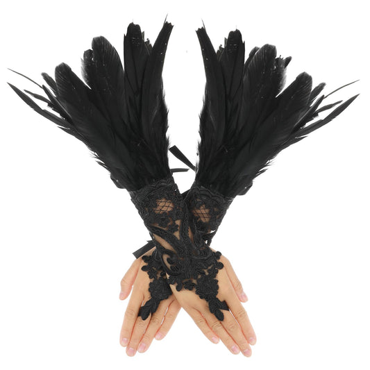 Women's Feather Lace Long Gloves Black Lace Fingerless Gloves Halloween Costume Party Gloves Opera Cosplay Costume Accessories