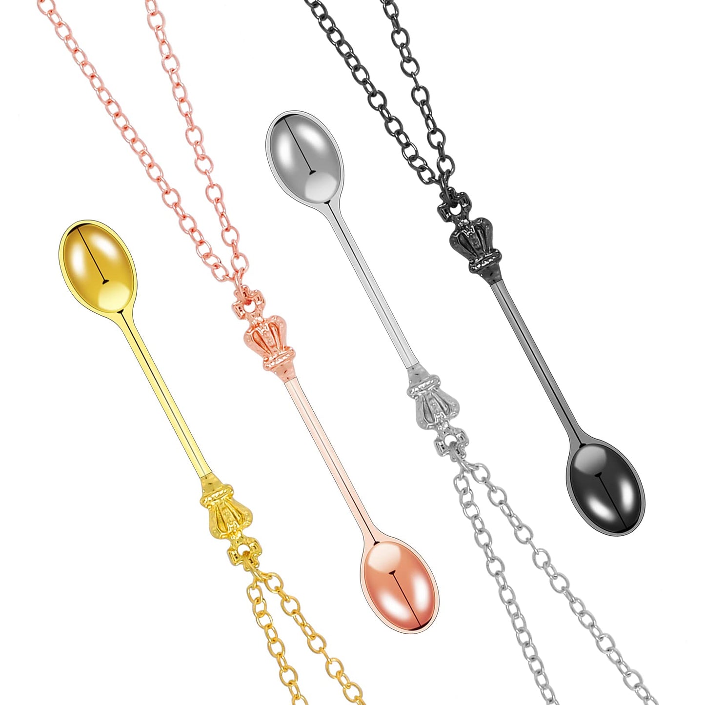 Yolev 4 Pieces Mini Crown Spoon Necklace Snuff Spice Teaspoon Pendant Antique Tea Spoon Necklace for Women Gifts (Gold, Silver, Rose Gold, Black)