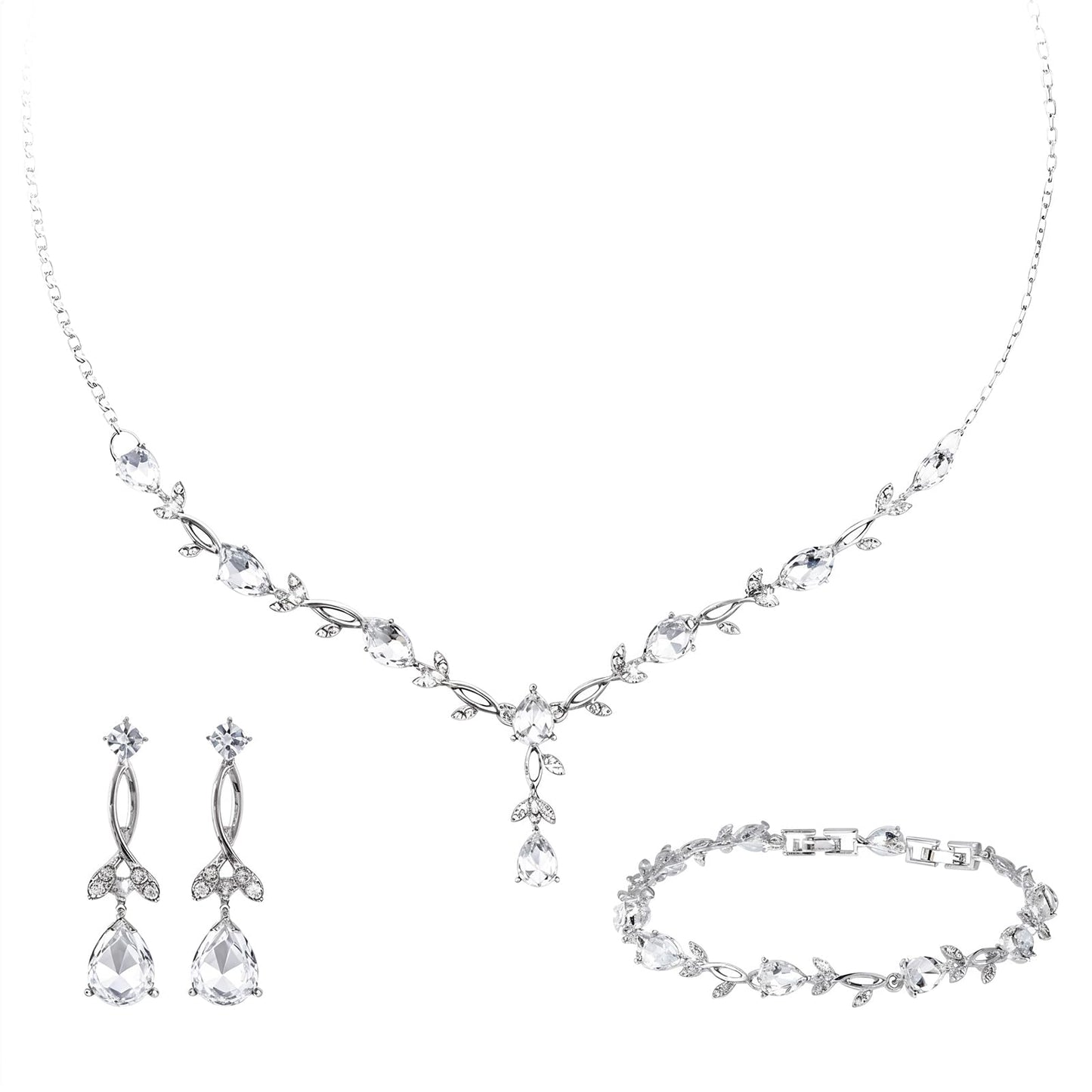 Wedding Jewelry Sets For Bride Cubic Zirconia Elegant Bridal Jewelry Set Silver Crystal Necklace Dangle Earrings Bracelet Set Bridal Wedding Jewelry Set For Brides Bridesmaid Prom Party Women Costume