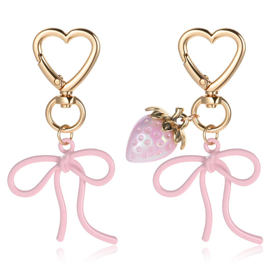 Meyeyaia 2pcs Pink Bow Keychain,Strawberry Bag Charm, Cute Strawberry Bow Bag Charm for Purse Backpack Handbag,Girly Accessories for Women