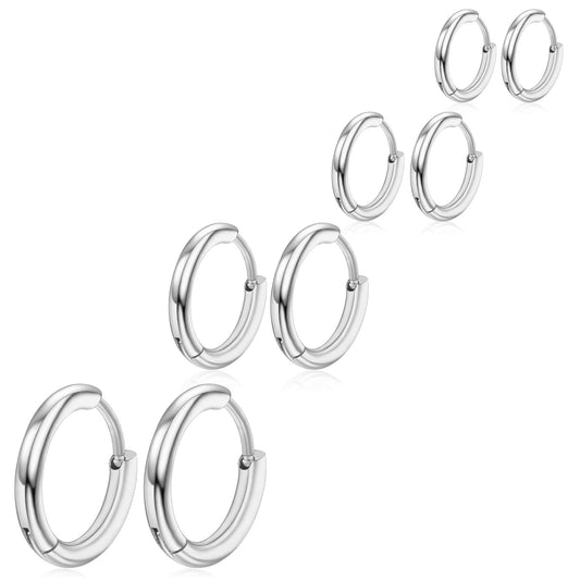 Stainless Steel Hoop Earrings Set 4 Pairs Silver Hoop Earrings Hypoallergenic Huggie Small Gold Earrings for Women Men 6/8/10/12mm(Silver)