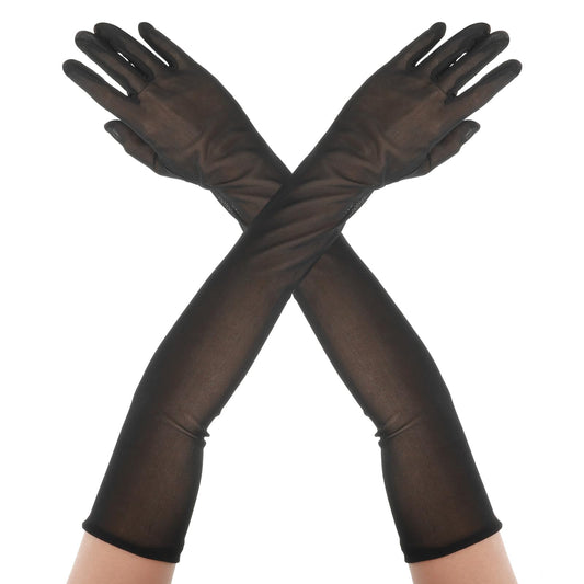Women's Black Sheer Gloves 21.6 Inch Super Long Tulle Gloves Sexy Black Mesh Gloves Stretchy Elbow Length Gloves Black Sheer Mesh Arm Sleeves for Opera Costume Party Dance Dress Bridal Gloves