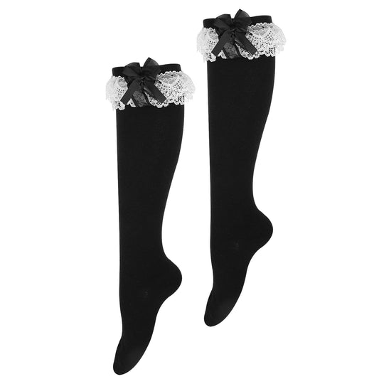 Women's Soft Knee High Socks Cotton Socks Lovely And Cute Lace Ruffle Bow Socks Tube Socks High Stockings for Lolita (Black)