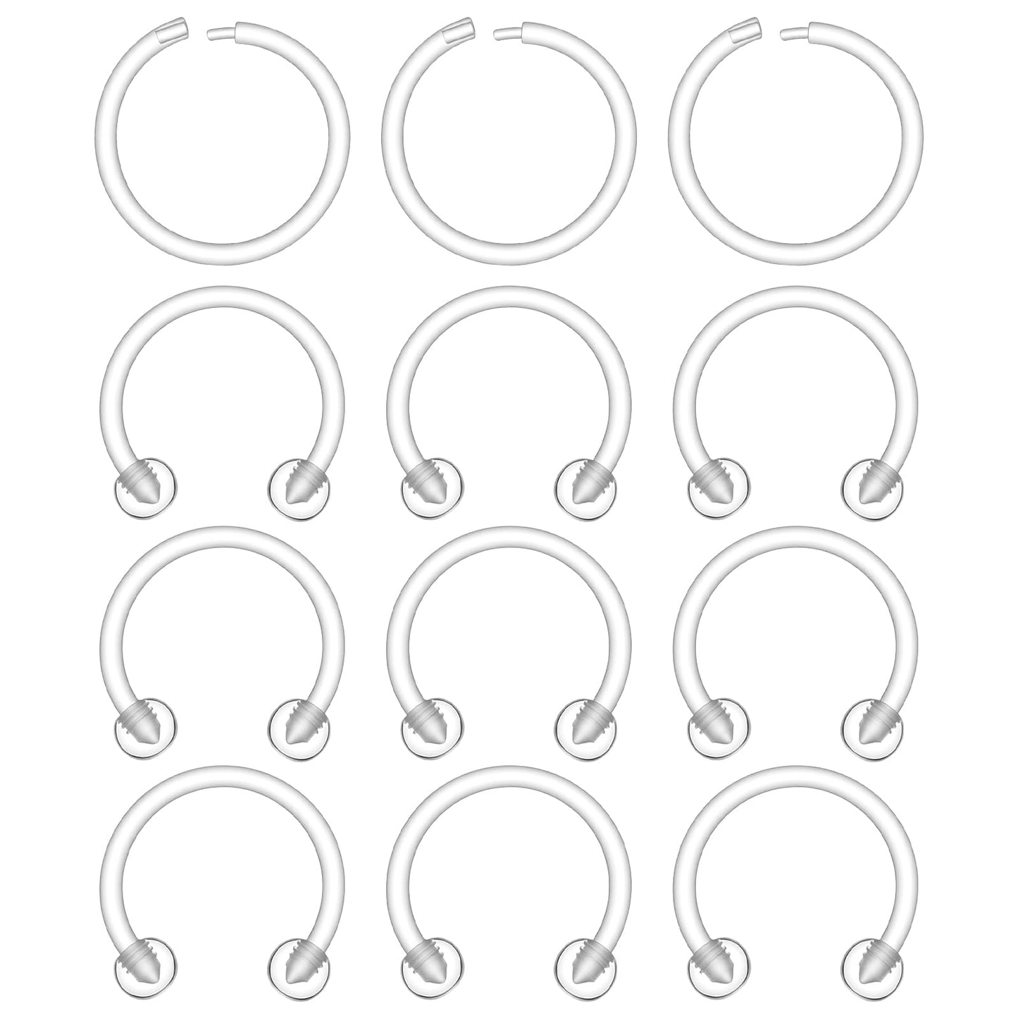Fiyooau 12Pcs Clear Septum Ring - 16g Plastic Clear Septum Retainer, Horseshoe Nose Ring Clicker Daith Rook Cartilage Earrings Lip Rings Nose Piercing Jewelry for Women Men
