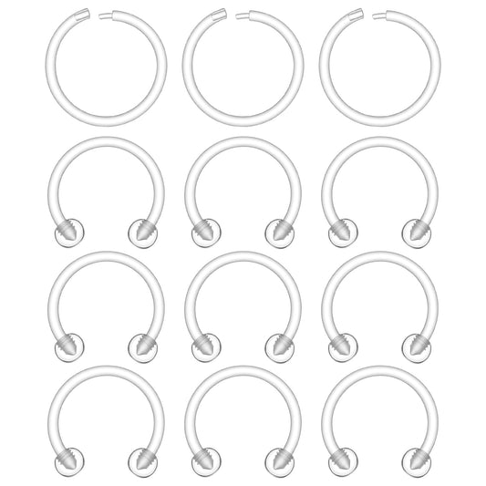 Fiyooau 12Pcs Clear Septum Ring - 16g Plastic Clear Septum Retainer, Horseshoe Nose Ring Clicker Daith Rook Cartilage Earrings Lip Rings Nose Piercing Jewelry for Women Men