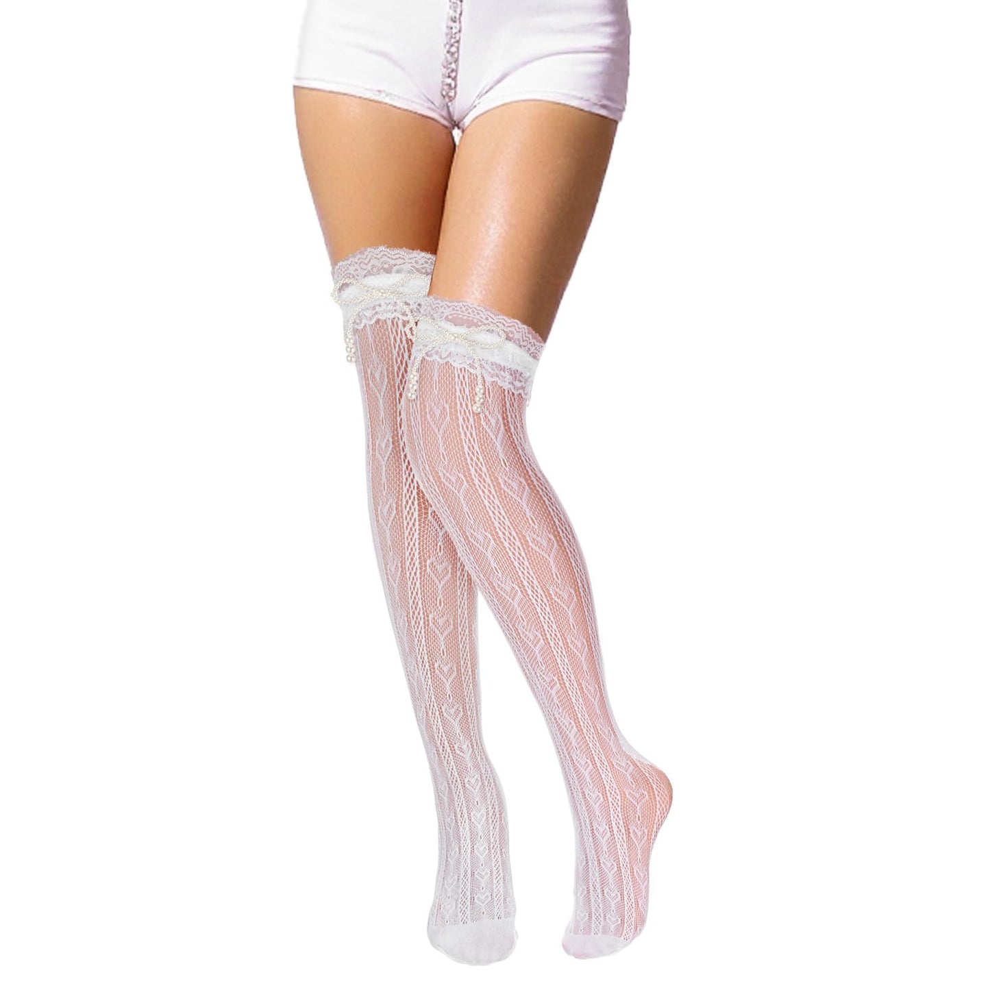 womens thigh high stockings Fishnet lace white stockings Lace Trim Heart Patterned white thigh high socks for girls(white with bow)
