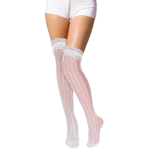 womens thigh high stockings Fishnet lace white stockings Lace Trim Heart Patterned white thigh high socks for girls(white with bow)