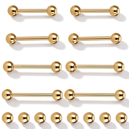 Fiyooau 8 Pcs 14G Gold Tongue Ring Stainless Steel Nipple Barbells Short Metal Tongue Rings Nipple Piercing Jewelry, 12/14/16/18mm