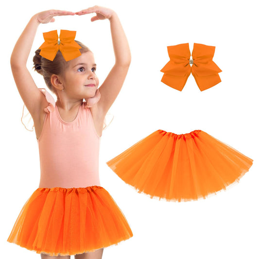 Yolev 5 Layered Tulle Tutu Skirt for Girls Princess Ballet Dance Dress Kid Tulle Dance Skirt with Hair Bow for Little Girls Dress Up (Orange)