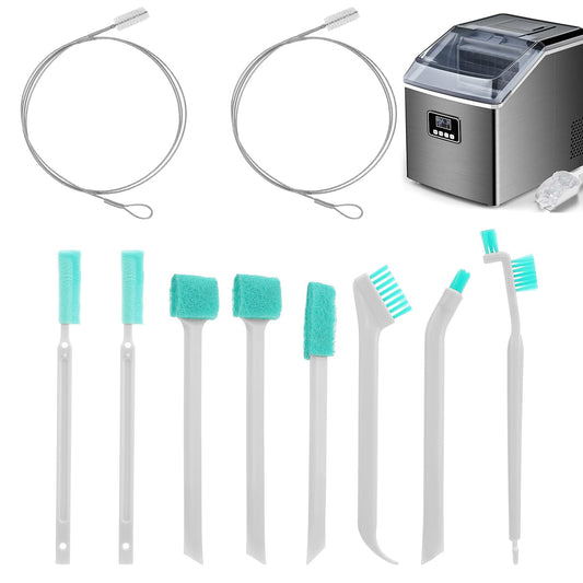 Ice Maker Cleaning Brush Kit – 2-Piece Flexible Drain Pipe Brush & 8-Piece Crevice Cleaning Brushs Set for Deep Cleanings Commercial & Home Ice Machines, Mini Fridges, Sinks, and Hard-to-Reach Areas