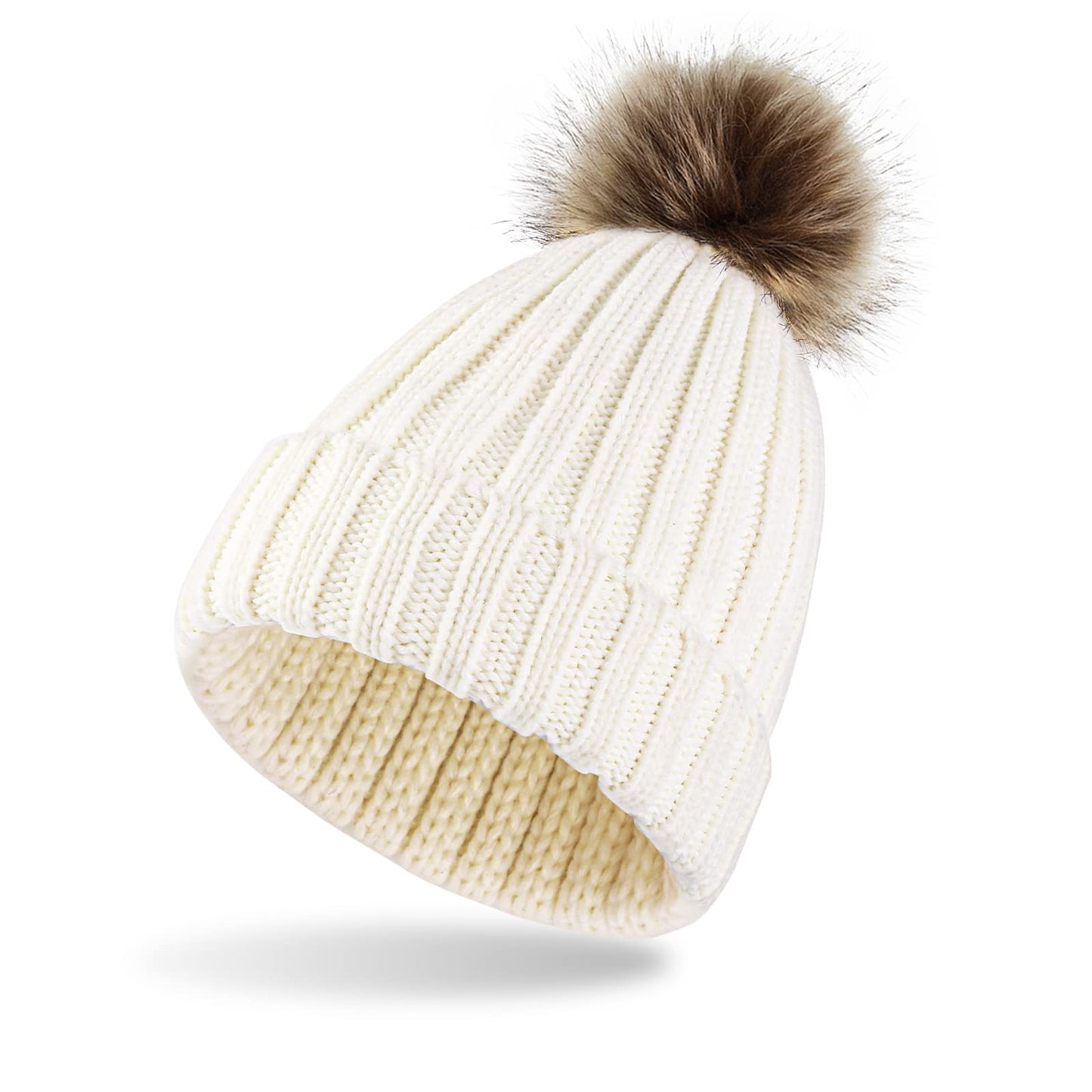 Lusofie Fluffy Pom Beanie Hat for Women White Beanie Cuff Beanie Hat Skull Cap Cotton Winter Beanie Hats for Women Girls