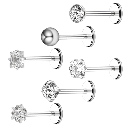 6Pcs Stainless Steel Nose Studs Labret Bars Lip Stud Rhinestone Cartilage Earrings Nose Piercing Jewelry for Women Men (8mm)