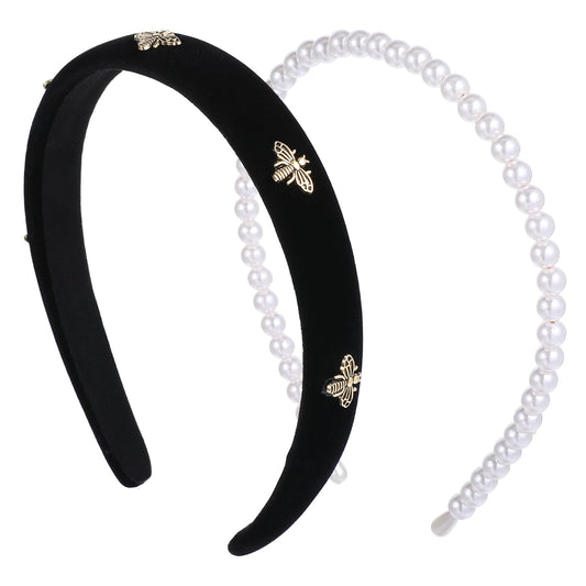 Telooco Little Bee Black Velvet Headband with White Pearl Headband Fashion Headbands Women's headband Velvet Cute Vintage Designer Hair Accessory for Holiday Daily