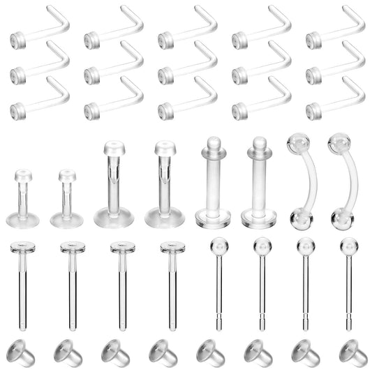 Tucnoeu 31 Pcs Clear Nose Studs for Surgery,Septum Ring Piercing Retainers,Lip Piercing Clear Earrings for Sports Plastic Belly Button Rings