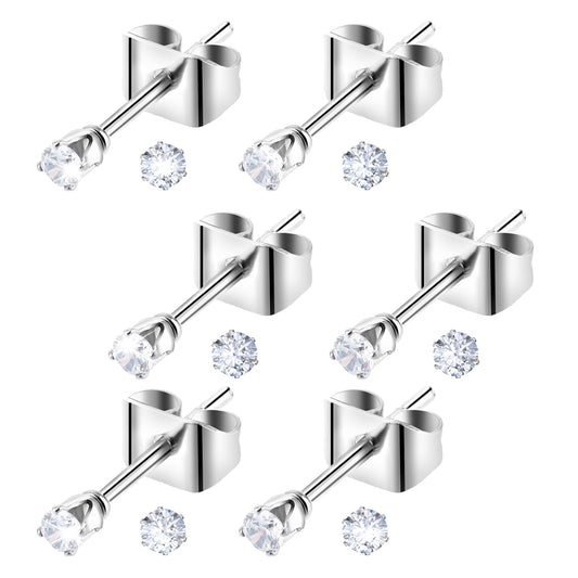 6 Pairs 2mm Small Cubic Zirconia Stud Earrings Tiny Diamond Stud Earrings Women's Stainless Steel Round Clear CZ Earrings for Men Women Dainty Cartilage Earring Stud Set