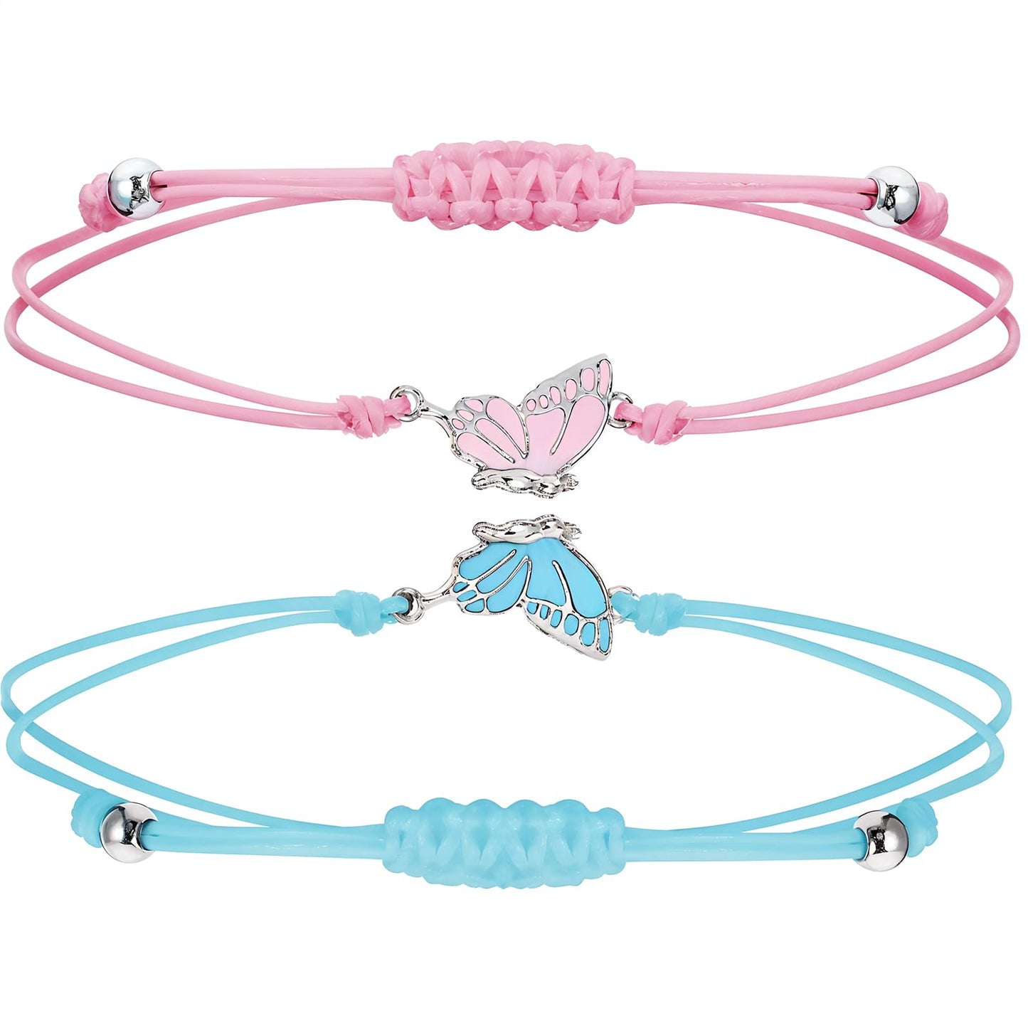 Tucnoeu 2pcs Friendship Bracelets,Butterfly Matching Bracelets,Adjustable Couples Bracelets,Handmade Charm Braided Butterfly Bracelet Bestie Bracelets for Friends Sisters Couples(Pink&blue)