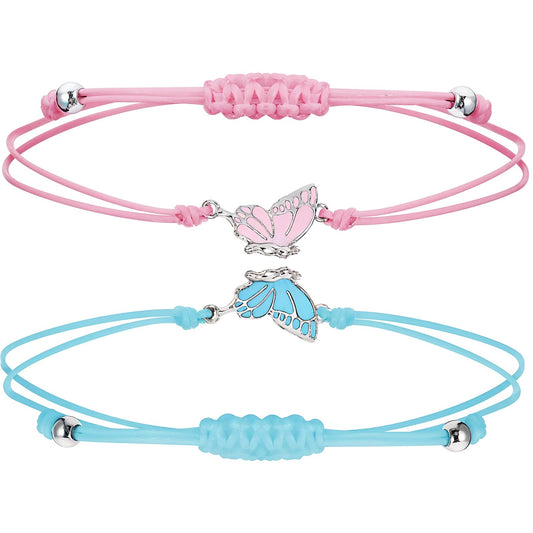 Tucnoeu 2pcs Friendship Bracelets,Butterfly Matching Bracelets,Adjustable Couples Bracelets,Handmade Charm Braided Butterfly Bracelet Bestie Bracelets for Friends Sisters Couples(Pink&blue)