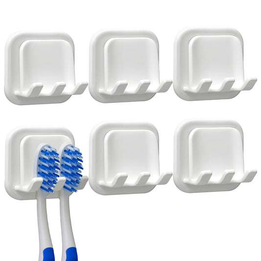 6Pcs White Wall Mounted Toothbrush Holder，Toothbrush Holders for Bathroom, Self Adhesive Tooth Brush Holder for Bathroom, Waterproof Multi-Function Holder for Dorm, Cabinet