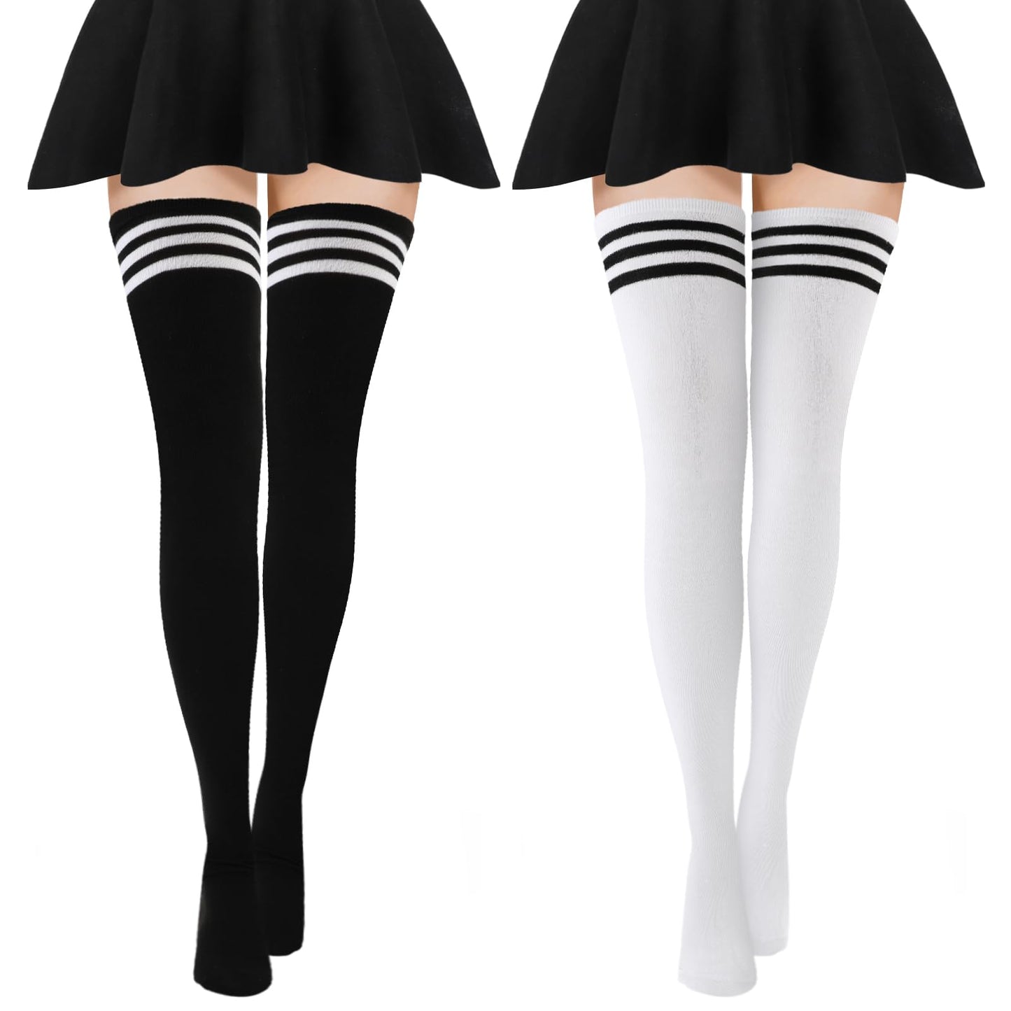Lusofie 2 Pairs Thigh High Socks Knee High Socks Striped Socks Long Socks for Women Girs