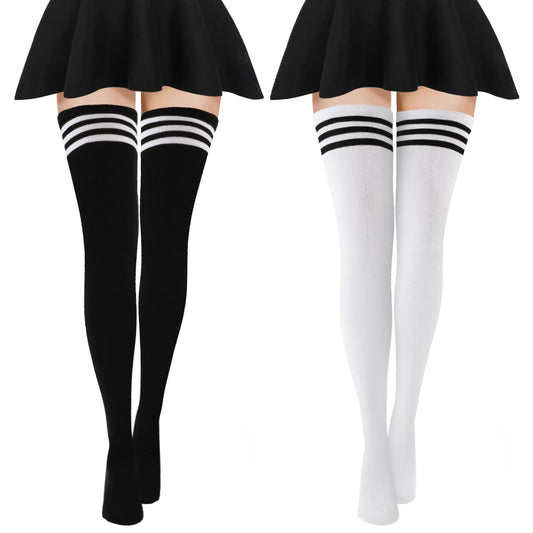 Lusofie 2 Pairs Thigh High Socks Knee High Socks Striped Socks Long Socks for Women Girs