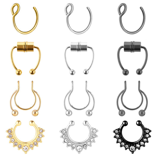 Yolev 12Pcs Fake Nose Rings for Women Non-Piercing Fake Nose Rings for Women Fake Nose Piercing Fake Septum Ring Fake Septum Piercing Faux Nose Rings Fake Lip Ring Fake Helix Earring