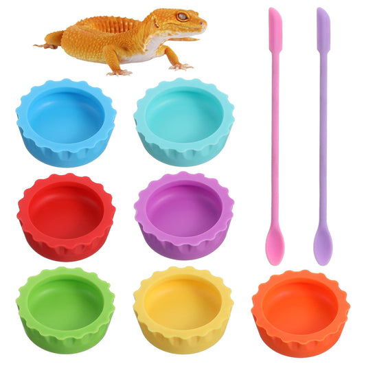 9 Pack Crested Gecko Food Dish & Spoons - Silicone Gecko Feeding Cups Reusable Small Reptile Water Bowl - Gecko Tank Accessories for Crested Geckos Hermit Crabtortoise Tarantula Lizard, Easy Clean & 7