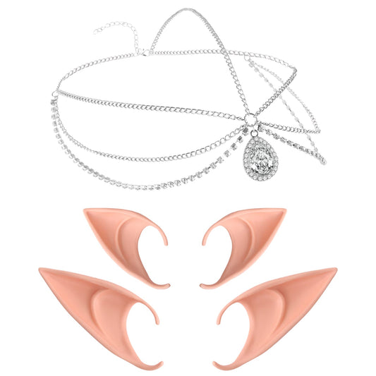 Lusofie Cosplay Fairy Pixie Elf Ears Moon Head Chain Vintage Crystal Headpieces Hair Accessories with Soft Pointed Tips Anime Party Dress Up Costume Masquerade