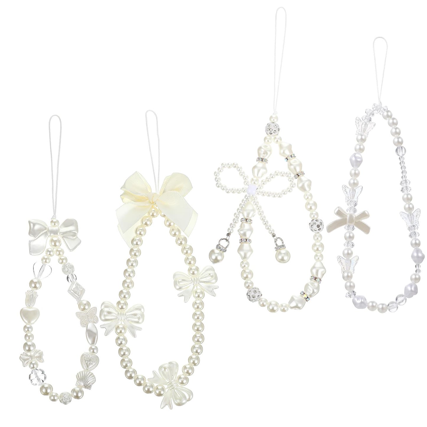 Josojoou 3pcs Pearl Phone Charm Wrist Strap, Acrylic Phone Lanyard Wrist with Butterfly Bow Knot, Phones Case Charms for Camera Key Purse for Women (White)