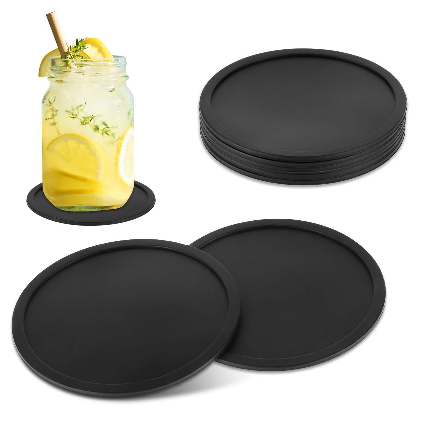 Lusofie 6Pcs Round Black Cup Coasters Silicone Coasters for Drinks Heat Resistant Non Slip Rubber Coasters Cushion Mat for Table Desk Office Kitchen Bar Furniture Protection(9cm/3.54in)