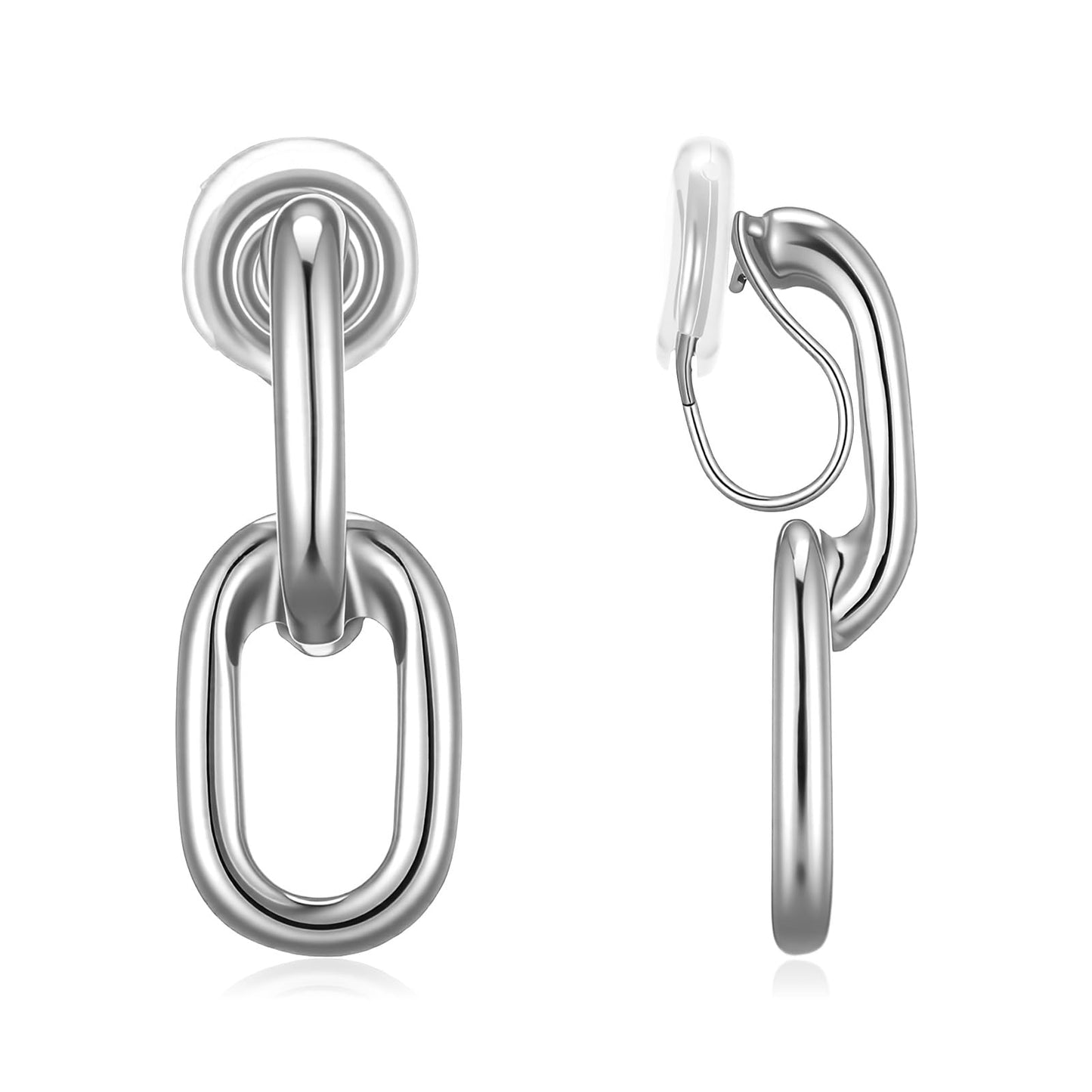 14k Gold Plated Clip on Earrings Silver Paperclip Drop Earrings for Women Double Hoop Chain Link Earrings Non Piercing Jewelry for Non-Pierced Ears