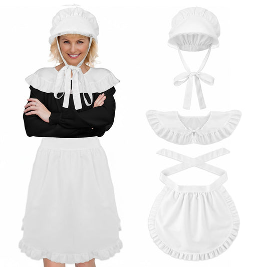 Tucnoeu Halloween Colonial Costume Set: White Bonnet, Maid Apron, Shawl - Perfect for Historical Cosplay