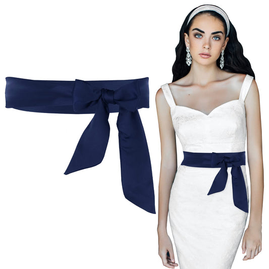 Lusofie Sash Belt for Dress, 2 x 79inch Blue Sash Dress Belt Wide Double Side Satin Belt for Women Wedding Bridesmaid Bridal Belt