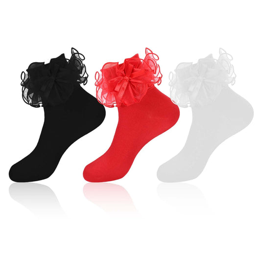 Meyeyaia Women's Big Ruffle Socks Double Lace Turn Cuff with Bows, Cotton Frilly Ankle Socks, 3 Pairs (Size 9-11, White Black Red)