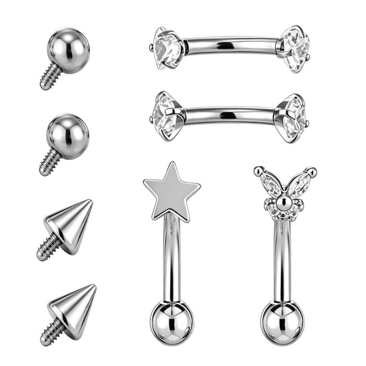 Gemoioio 8pcs Vertical Labret Jewelry Lip Rook Piercing Jewelry Eyebrow Piercings Earrings Surgical Steel Silver 8mm Internally Threaded Cz Eyebrow Ring Navel Small Belly Button Rings For Women Men