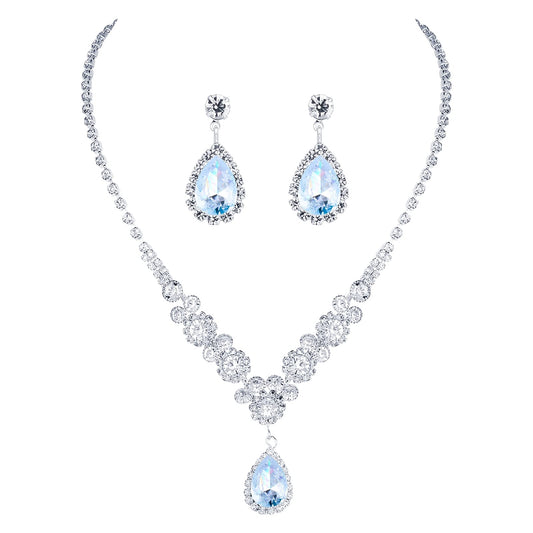Rhinestone Bridal Jewelry Set Crystal Wedding Jewelry Set Silver Necklace Teardrop Dangle Earrings Set Brides Bridesmaid Prom Costume Jewelry Set for Women