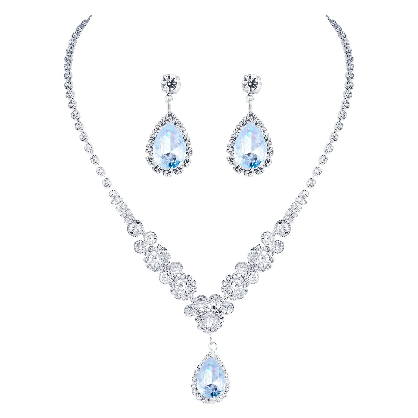 Rhinestone Bridal Jewelry Set Crystal Wedding Jewelry Set Silver Necklace Teardrop Dangle Earrings Set Brides Bridesmaid Prom Costume Jewelry Set for Women