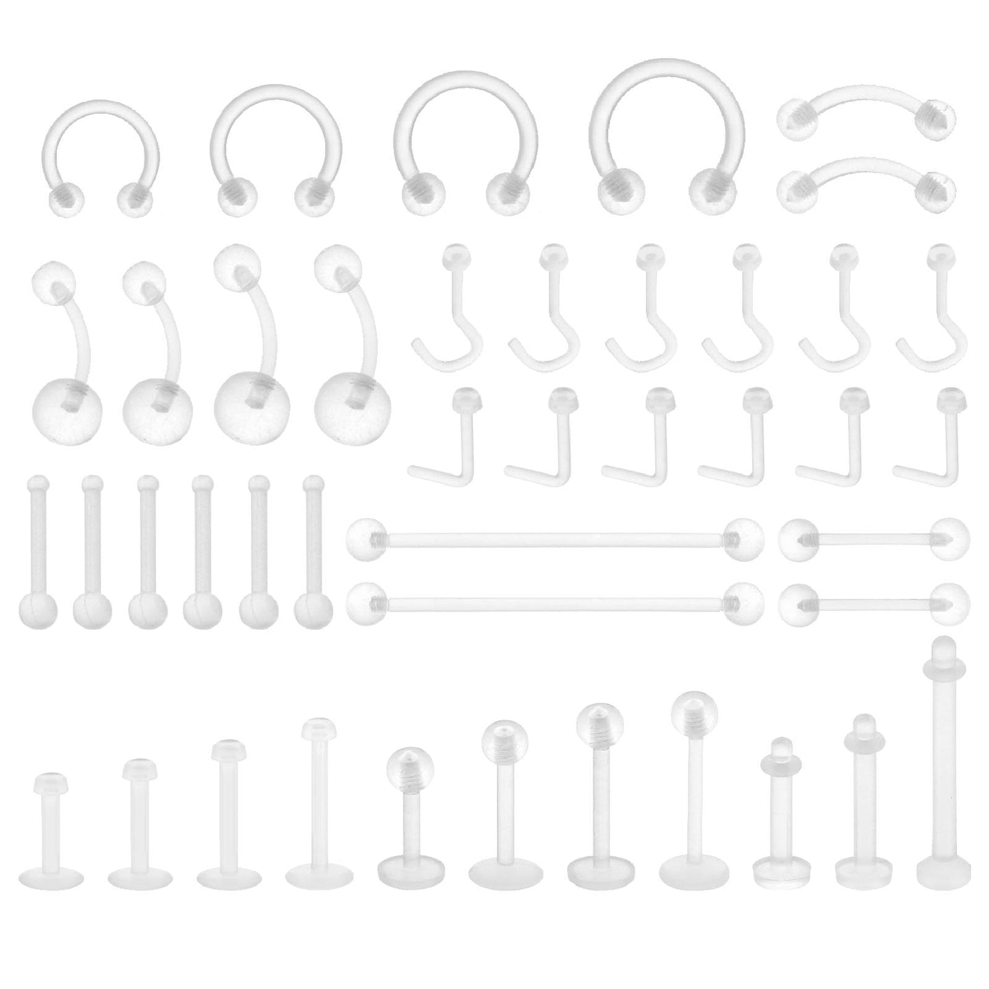 Lusofie 43Pcs Piercing Retainer Set Clear Septum Ring Clear Nose Studs Rings Cartilage Navel Tongue Barbells Lip Eyebrow Tragus Earring Retainer Piercing Jewelry for Work Surgery