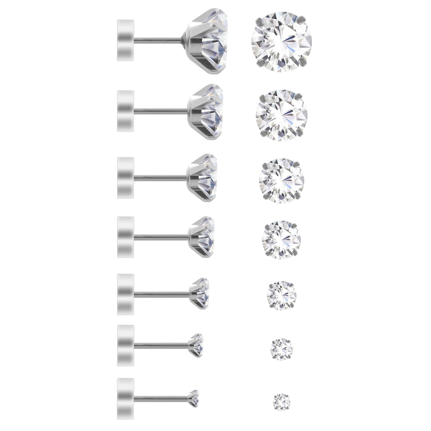 Earring Sets for Multiple Piercings, 7 Pairs 20G Flatback Stainless Steel Earrings Cubic Zirconia Screw Back Earrings Piercing Ear Cartilage Hypoallergenic Earrings Studs (2/3/4/5/6/7/8mm)