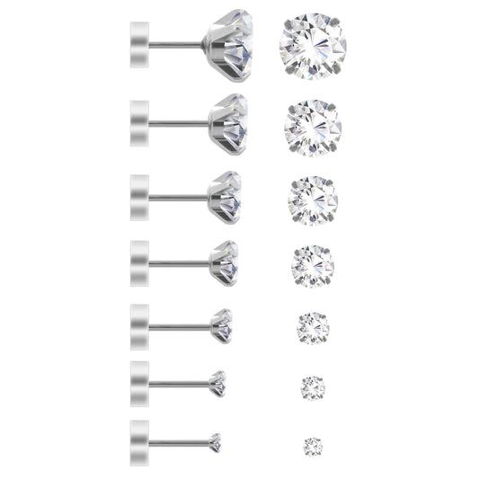 Earring Sets for Multiple Piercings, 7 Pairs 20G Flatback Stainless Steel Earrings Cubic Zirconia Screw Back Earrings Piercing Ear Cartilage Hypoallergenic Earrings Studs (2/3/4/5/6/7/8mm)