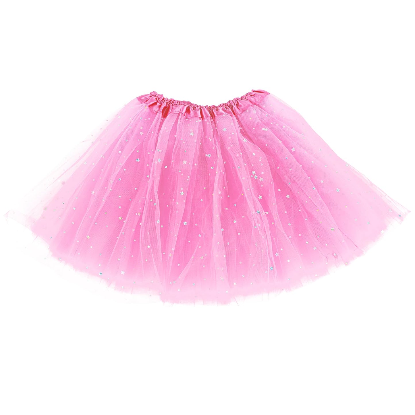 Yolev Tutu Skirts for Women Adult Elastic 3 Layered Tulle Tutu Skirt with Sequin Stars Retro 80's Festival Skirt (Pink)