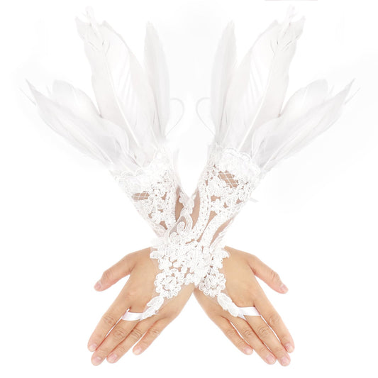 Women's Lace Feather Long Gloves carnival feathers witch costume women swan costume Wedding Halloween Party