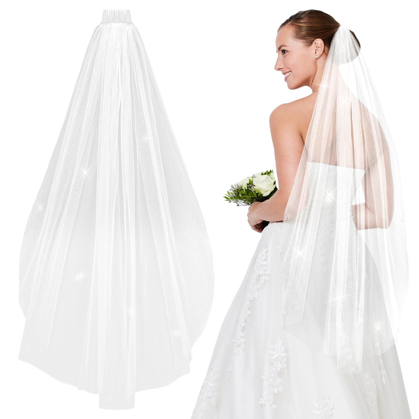 Telooco Bride Wedding Veil White Glitter Cathedral Veil 1 Tier Fingertip Bachelorette Party Veil Star Light Tulle Veils with Metal Comb