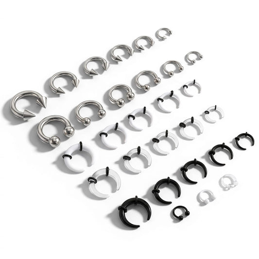 Yolev 30pcs Septum Pincher Tapers Horseshoe Septum Rings Acrylic Stainless Steel Septums Stretching Kit C Shape Internally Threaded Spike Horseshoe Ear Cartilage Nose Ring