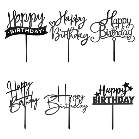 6 Pcs Black Cake Topper Black Happy Birthday Sign for Cake Decorations Acrylic Cake Toppers Happy Birthday Letters for Cake Personalized Black Cupcake Toppers Black Cake Inserts Cake Decor Supplies