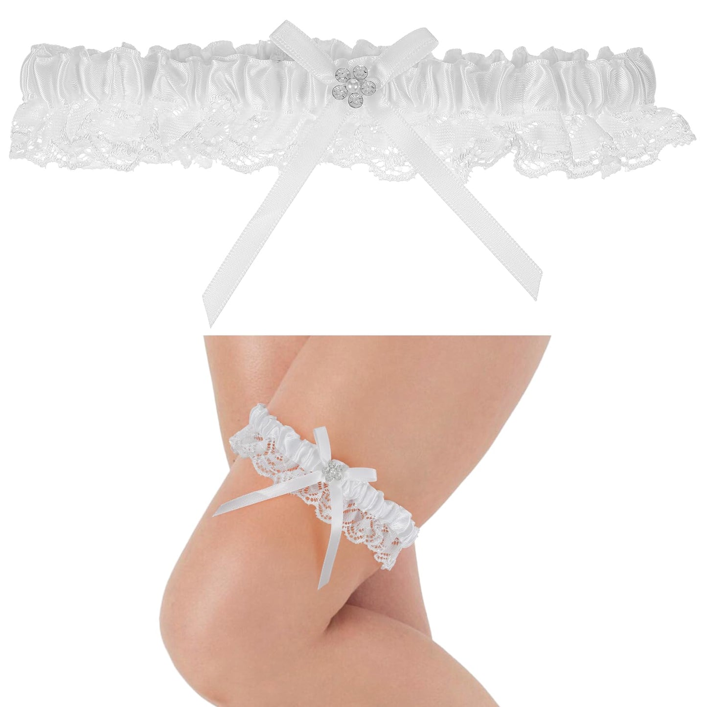 Telooco Garter for Bride, Wedding Garter, White Bow Lace Bridal Garters for Bride, Wedding Party Prom,Gifts Bridal Weddings Accessories