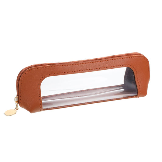 Small Clear Cosmetic Bag with Zipper, PU Leather Makeup Brush Bag, Waterproof Portable Transparent Cosmetic Pouch for Home, Travel, Office and Cosmetics Storage(Brown)