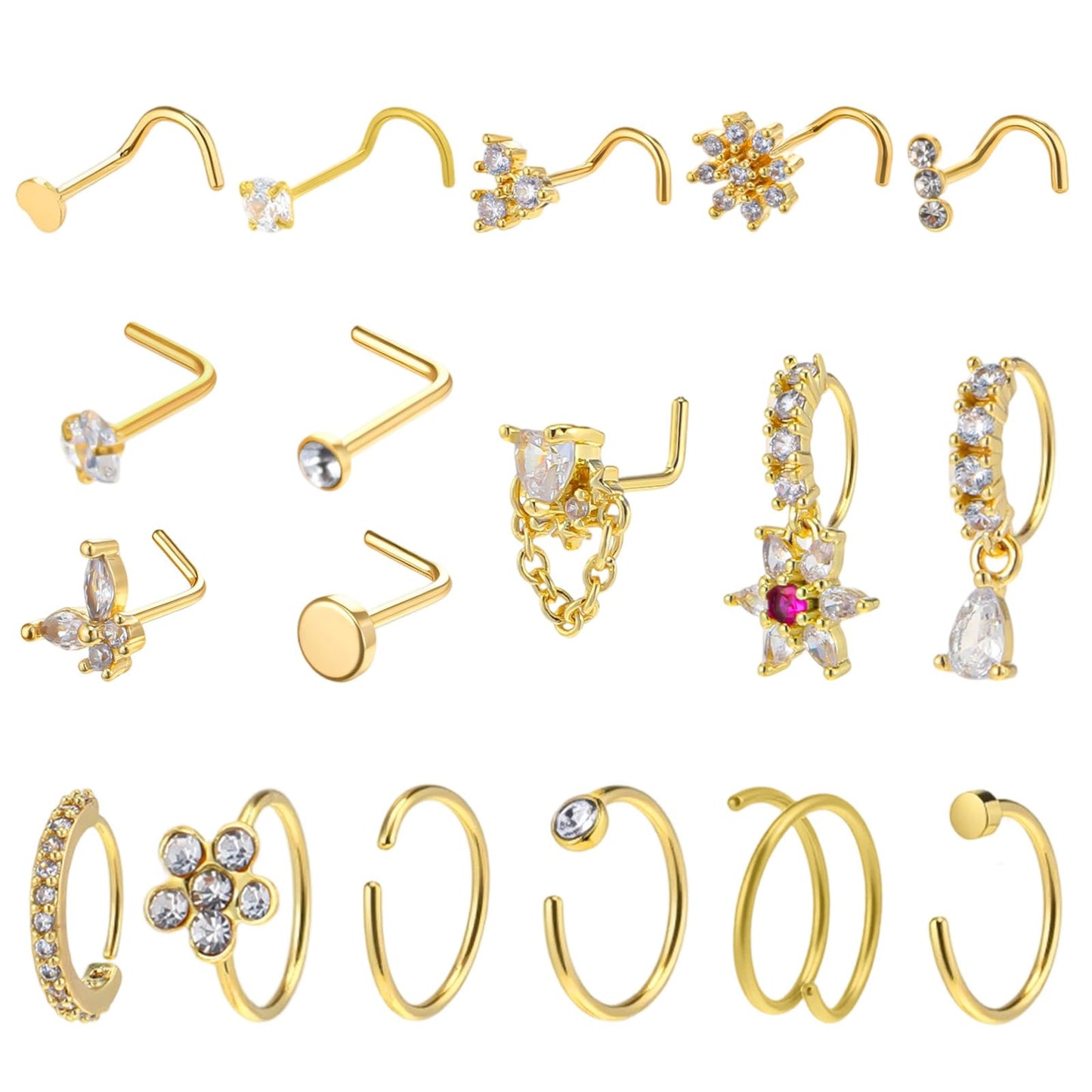 Fiyooau 18 Pcs Gold Nose Rings for Women, 20G Stainless Steel Nose Rings Hoops L Shaped Nose Studs Dangle Nose Ring Corkscrew Heart Butterfly Flower CZ Daith Tragus Piercing Jewelry