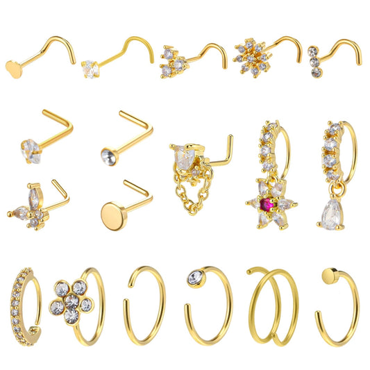 Fiyooau 18 Pcs Gold Nose Rings for Women, 20G Stainless Steel Nose Rings Hoops L Shaped Nose Studs Dangle Nose Ring Corkscrew Heart Butterfly Flower CZ Daith Tragus Piercing Jewelry